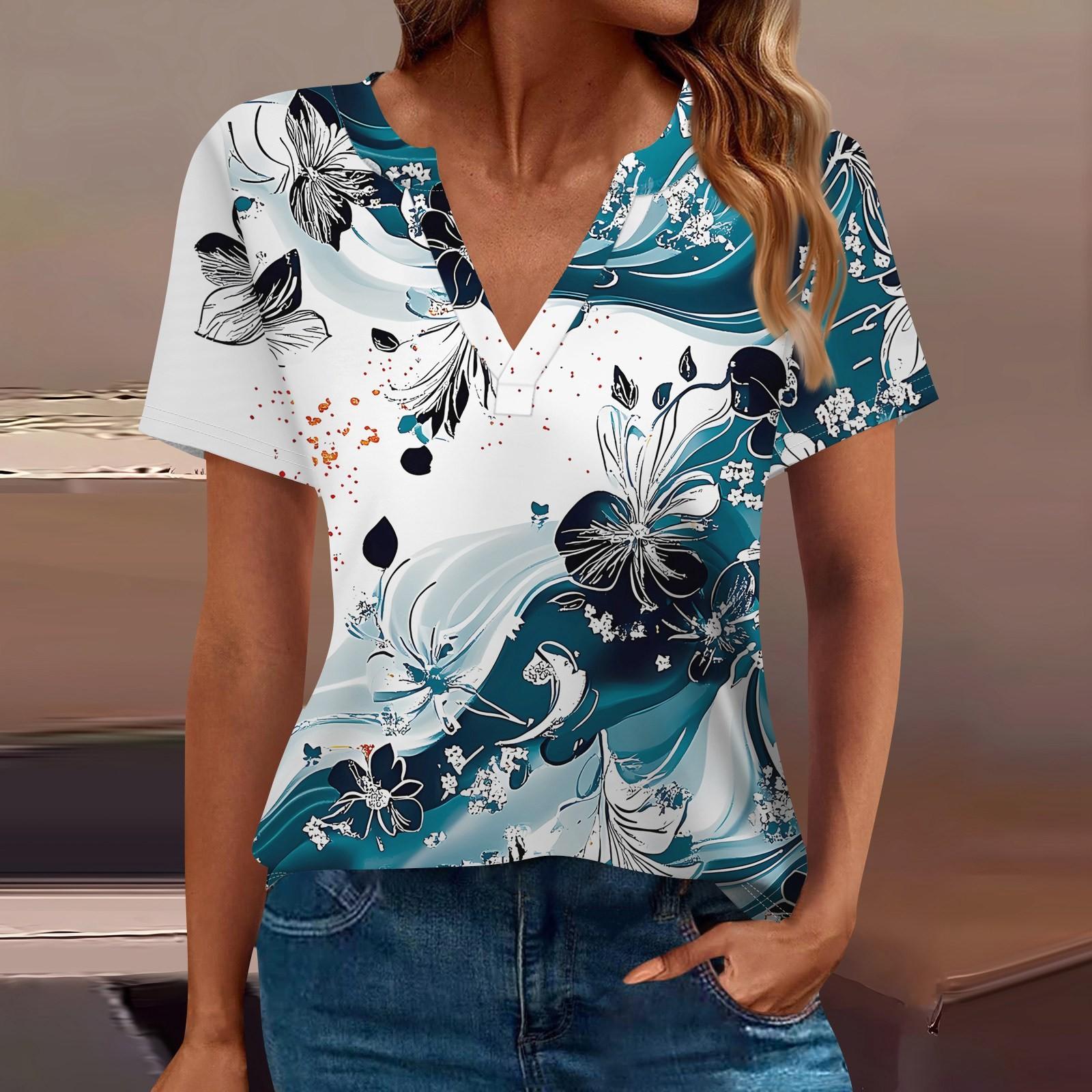 

Женская футболка Футболка с принтом с коротким рукавом Повседневные выходные Мода Базовый топ с V-образным вырезом Обычный топ M тёмно-синий