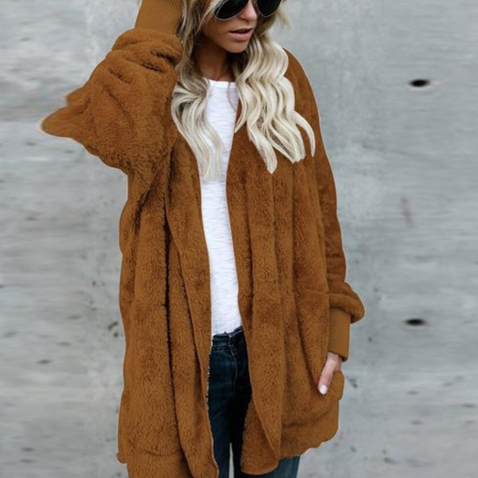 

Женская модная куртка с капюшоном, зимнее плюшевое пальто с длинными рукавами и принтом кошки, двустороннее пальто XXXL коричневый