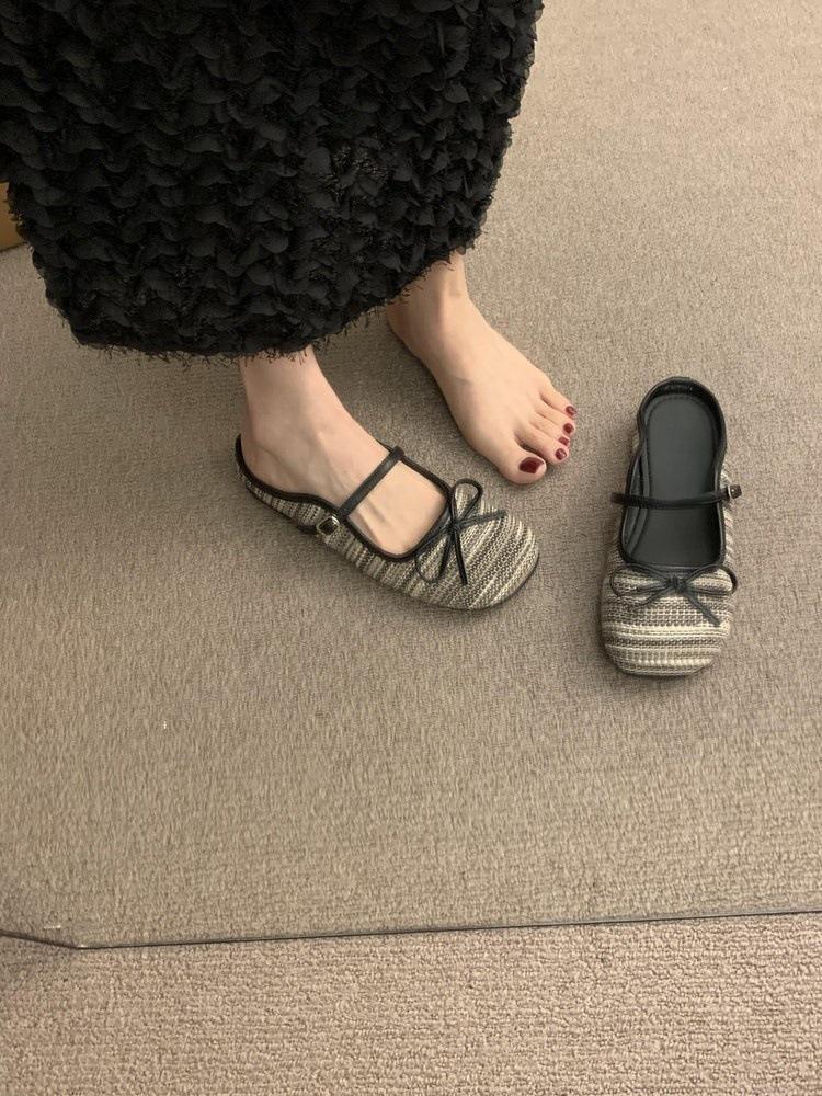 Retro one-pedal lazy shoes bag head flat-bottomed half slippers women s summer wear bow-tie lazy shoes 35