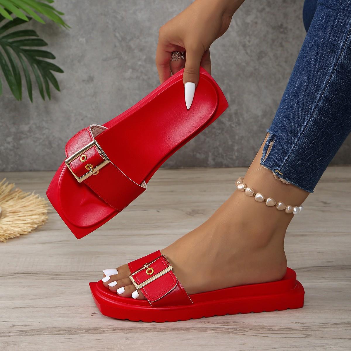 

Мода 2024 года, женская обувь, высококачественные женские тапочки, летние тапочки с квадратным носком, сплошной пряжкой, украшением, открытым носком, на низком каблуке, пляжные тапочки 41 красный