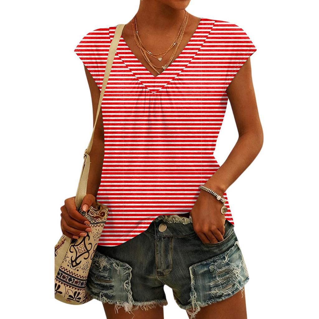 Damen Mode V-Ausschnitt Gestreifter Print Kurzarm Top