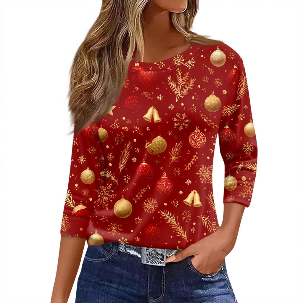 Women's T Shirt Christmas Print 3/4 Sleeve Daily Weekend Fashion Basic Round Neck Regular Top