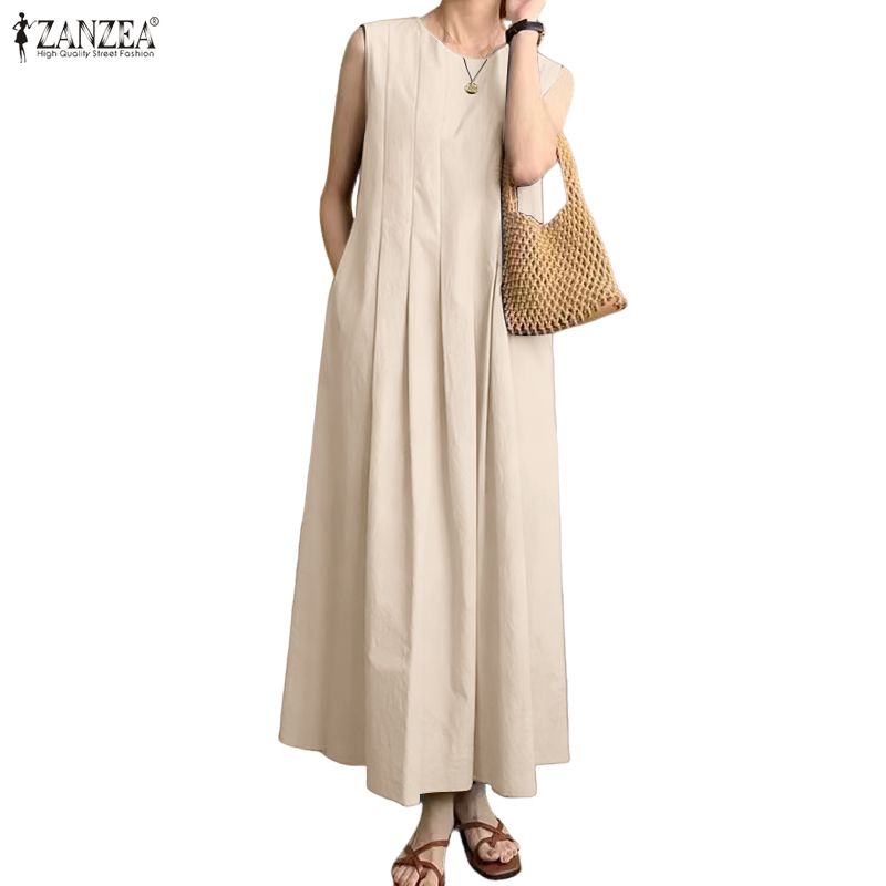 ZANZEA Damen Lässig Rundhals Sommer Ärmelloses Kleid