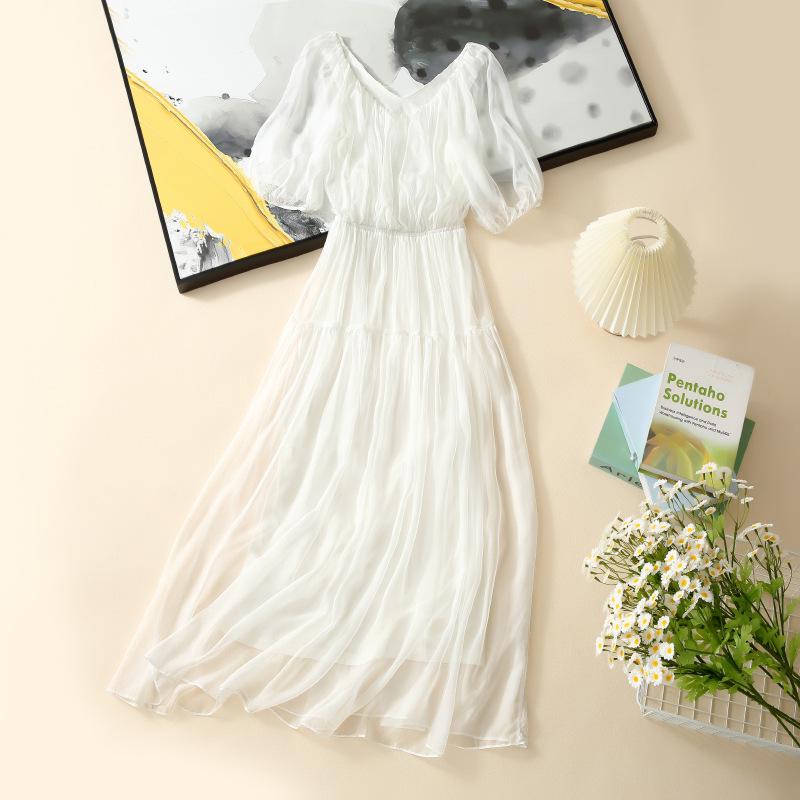 2025 Damen Seidenkleid mit französischen Puffärmeln und V-Ausschnitt