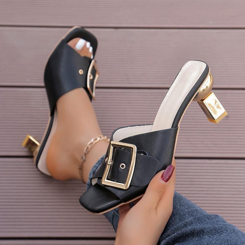 Belt buckle high-heeled slippers Women's African fashion one-character sandals Women Slippers