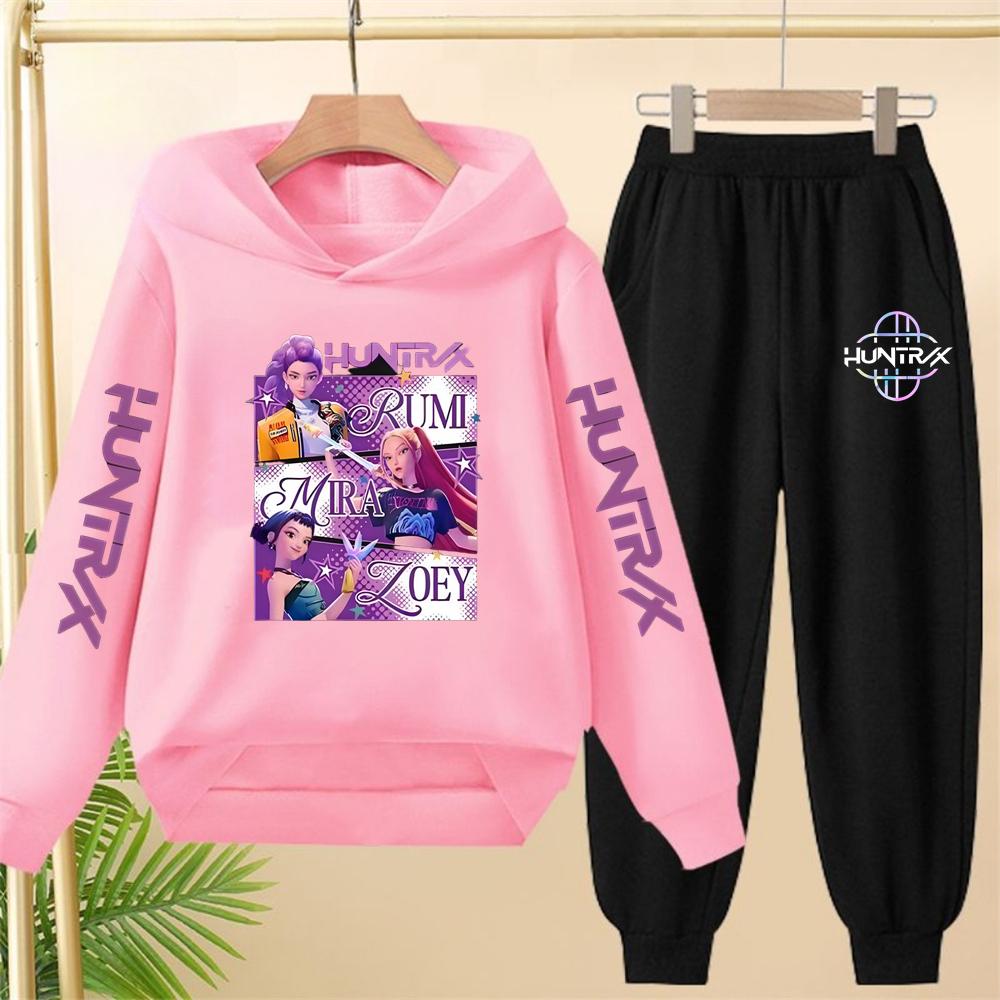 Children pink Hoodie KPop Demon Hunters Print Black Boys Girls Coat Sweatshirt+Pants Toddler Clothes autumn winter Set