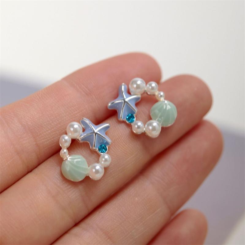 Trendy Ocean Style Zircon Imitation Pearl Blue Shell Starfish Earrings Stud For Women Earring Ear Ring Jewelry Gift