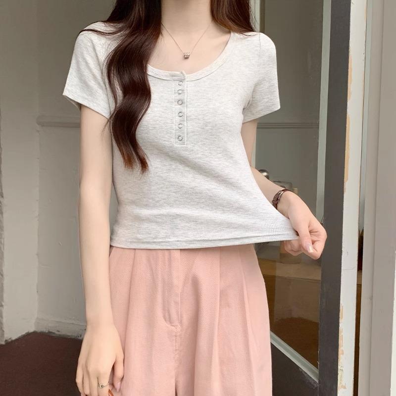 Sexy U-neck Right Shoulder Short-sleeved T-shirt for Women Summer Thin Ice Silk Thread Fashionable and Versatile Chic Tight Hot Girl Top