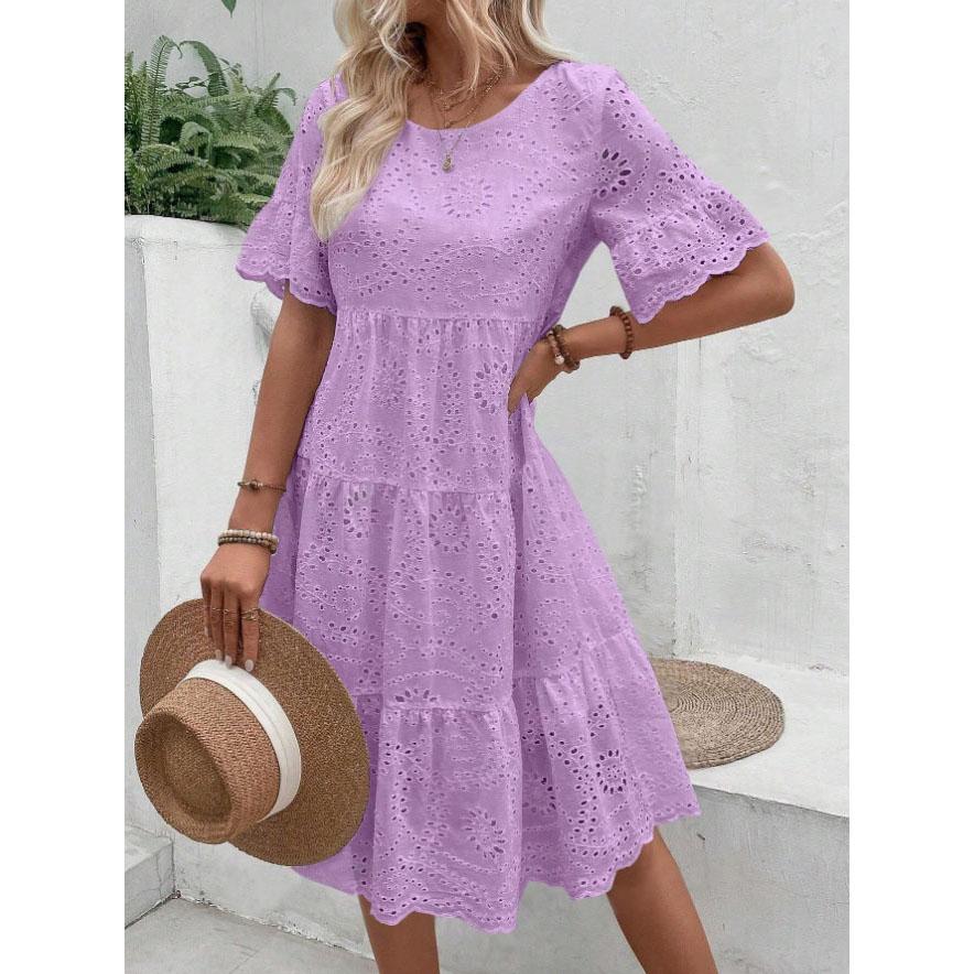 Vestido de Verão Feminino Vazado Plissado A-line Gola O Manga Curta Trompeta Vestido Midi Patchwork Cor Sólida Grande Roda Vestido de Senhora