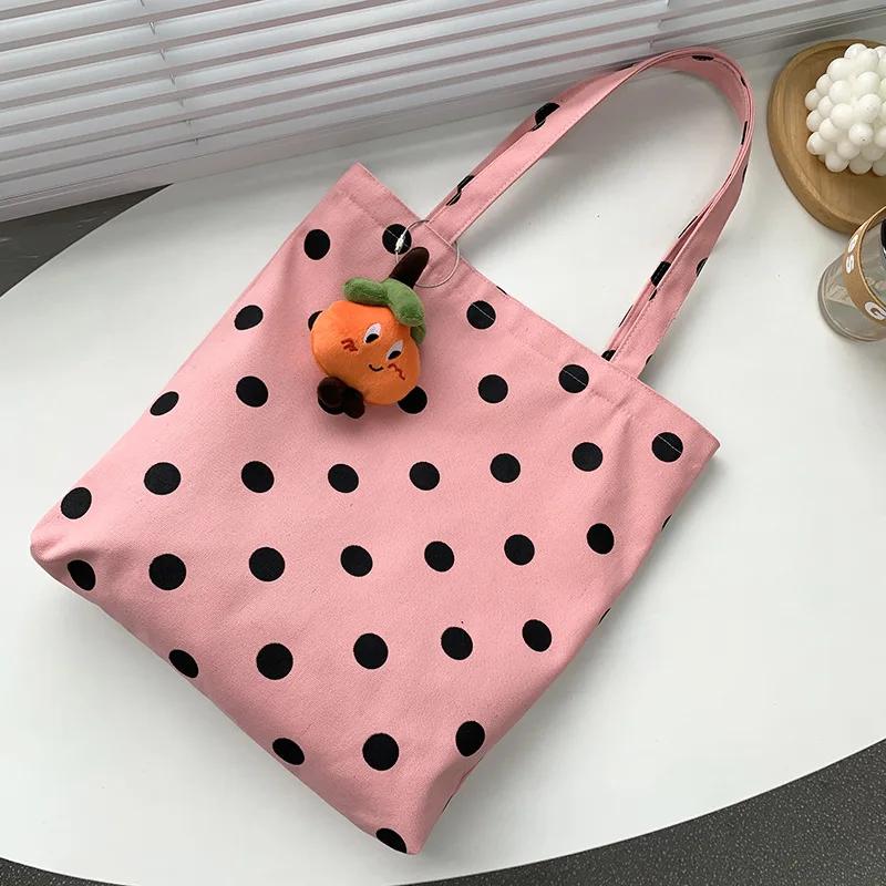 Pink Canvas Bag Women's Shoulder Polka Dot Simple Versatile Large Capacity Student Shopping Bag