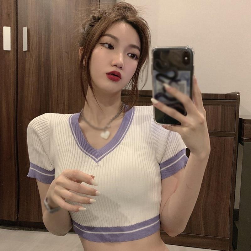 

:Короткая тонкая футболка для женщин, топы с короткими рукавами, летняя однотонная рубашка One Size