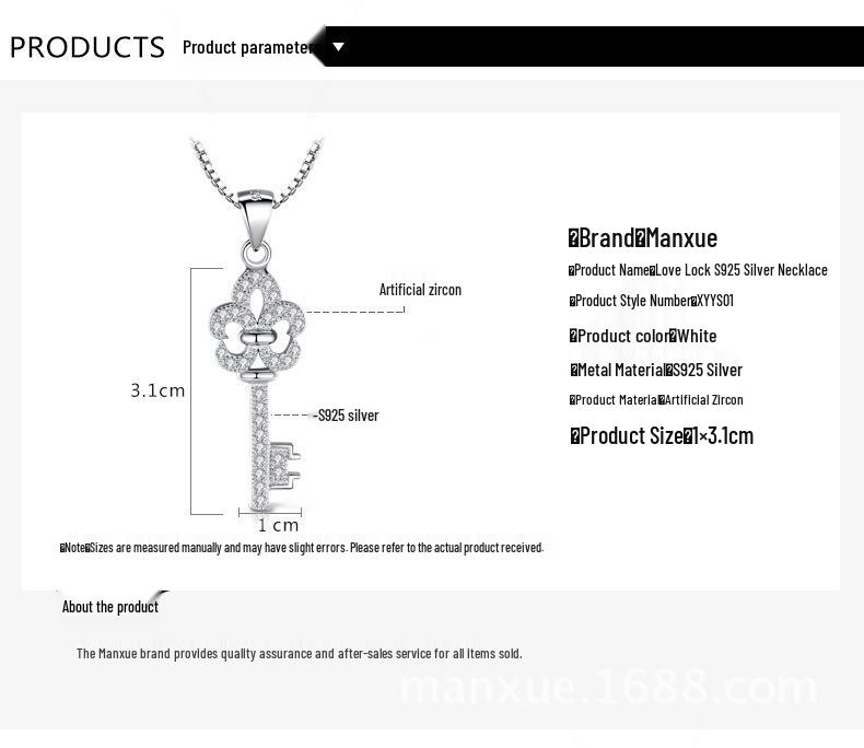 Sterling Silver Love Key Pendant Necklace with Micro-Pave Stones - Vintage European and American Design
