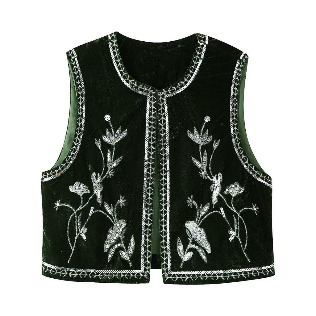 2024 Autumn Velvet Sequin Embroidered Sleeveless Open-front Women's Vest