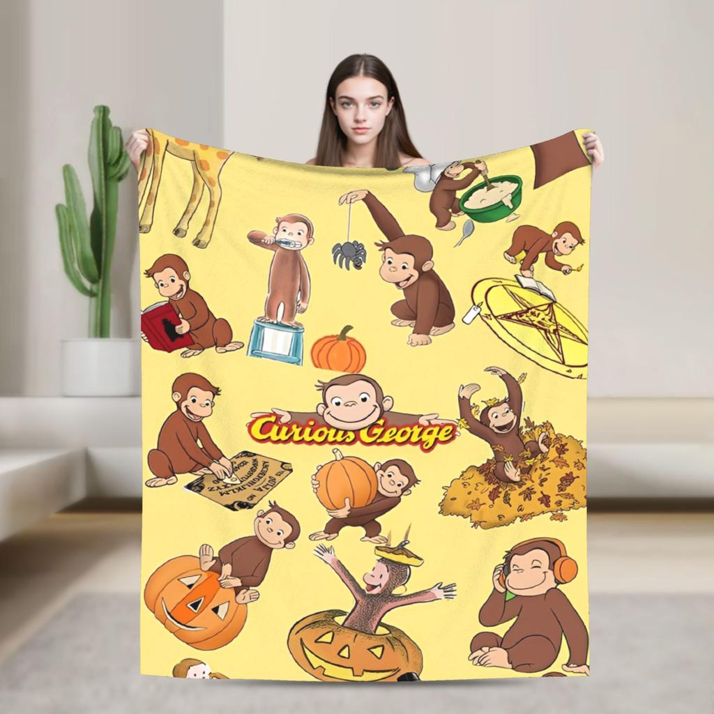 Cartoon Curious George Flannel Blanket  Soft Warm Throw Blanket for Couch Chair Decorative Funny Bedspread Sofa Bed Cover