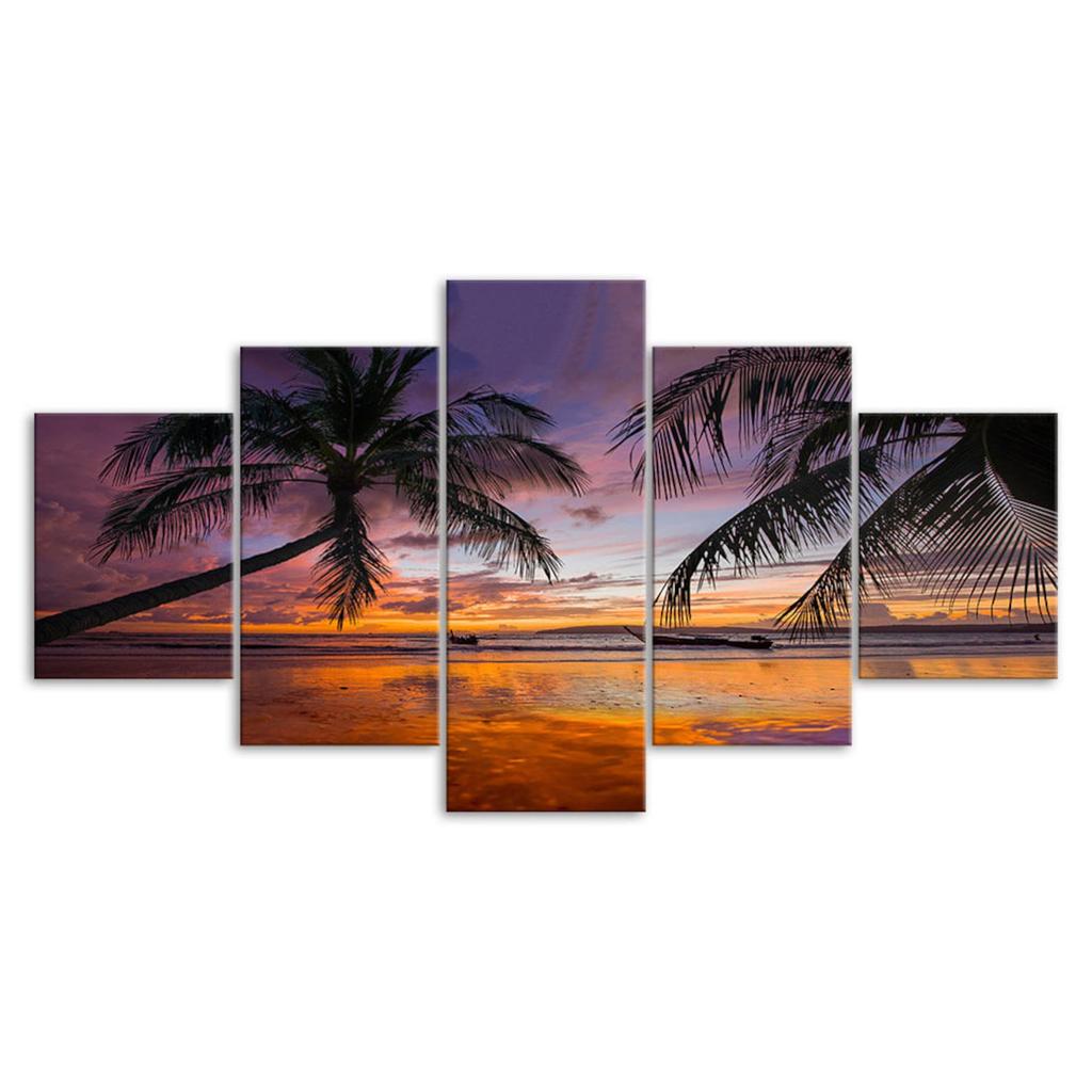 Beach Palm Trees Sunset Canvas 5 Piece Five Panel Wall Print Modern Art Poster Picture Home Decor Gift For Him For Her