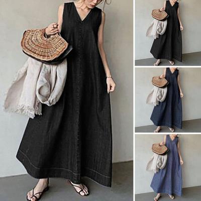 Damen-Maxikleid, locker, ärmellos, Weste, einfarbig, V-Ausschnitt, lockerer Saum, weich, A-Linie, knöchellang, Damen-Sommer-Dating-Kleid