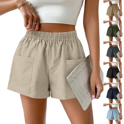Shorts décontractés en coton et lin pour femmes avec poches carrées, taille élastique à cordon de serrage