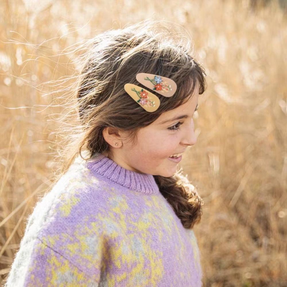 2Pcs/set Floral Embroidered Hairpin Set Oval Children's Hair Accessories Daily Use