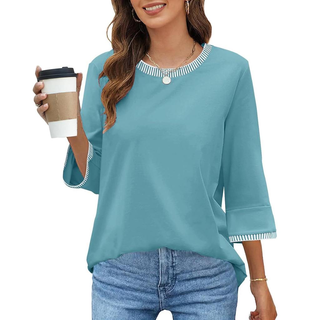 Women's Fashion Loose Round Neck Clashing Colour T-Shirt Seven Sleeve Top