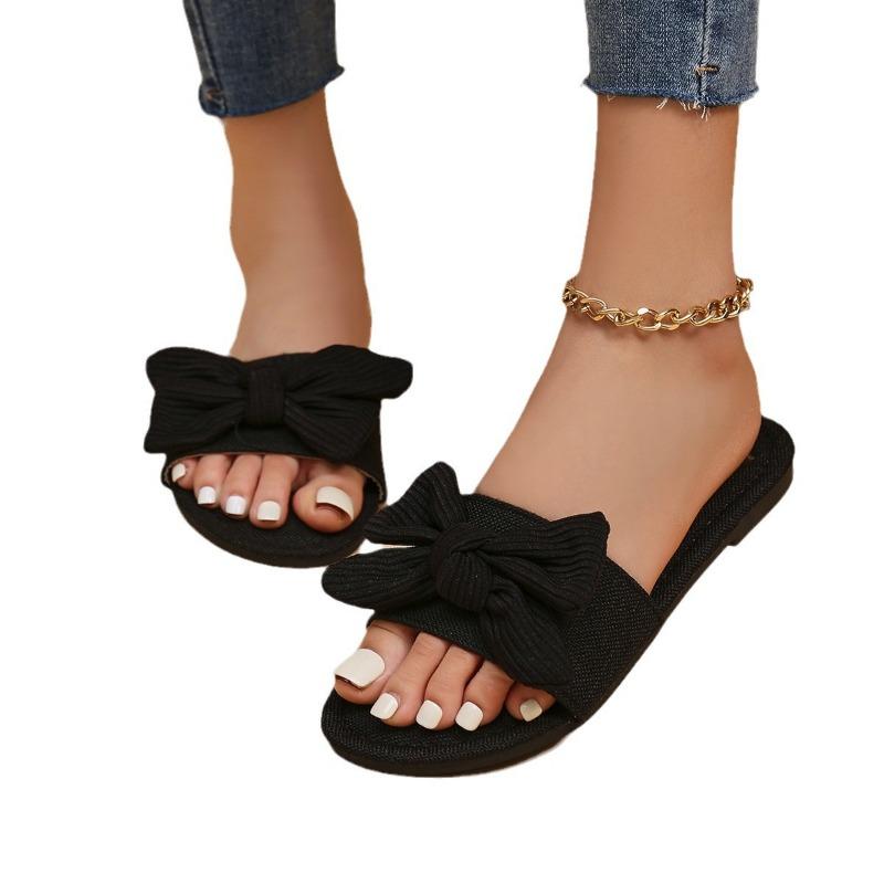 Summer New Bow One-word Solid Color Round Head Fashion Women's Large-size Bottom Slippers