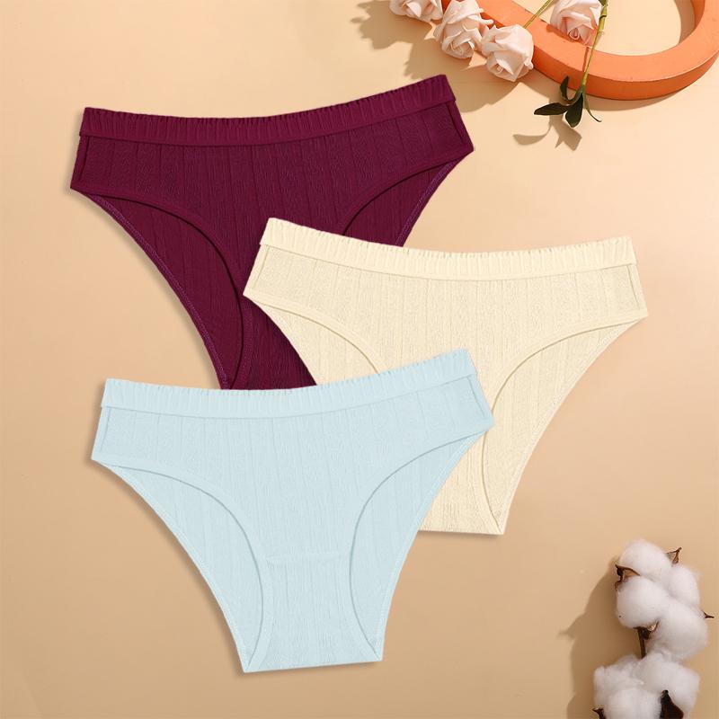 FINETOO 3Pcs/Set Cotton Striped Stretchy Underwear Women's Low Waist Panties Sexy Elastic Wide Belt Solid Color Briefs Comfort Lingerie