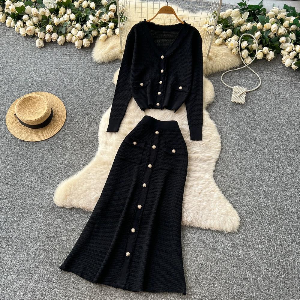 Autumn Winter Women Knitted Sweater Two Piece Set Full Sleeve V-neck Cardigans Coat and Long Midi A-line Skirt Outfits