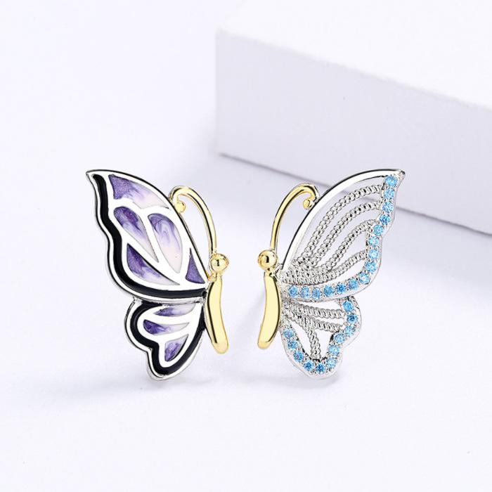 Vintage Court Gold Oil Painting Butterfly Ring Necklace Asymmetrical Stud Earrings Three-Piece Set