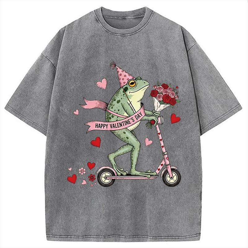 Funny Frog Valentine Washed T-Shirt Men's Short Sleeve Summer Round Neck Tee Oversized Harajuku Chic Couple Tunics Females