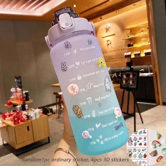 Large Couple Cup with Straw Time Scale Water Bottle Plastic Water Cup Large Student Frosted Outdoor Sports Water Bottles 2L