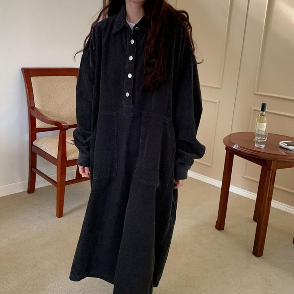 LYRIA Long Dress Women Dresses Turn Down Collar Corduroy A Line Vestidos Maxi Mom Jeans Streetwear Casual Loose Y2k Dress