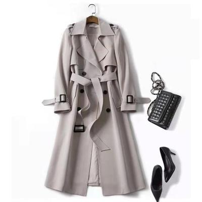 Fall Winter Women Trench Coat Turn-down Collar Solid Color Double-breasted with Belt