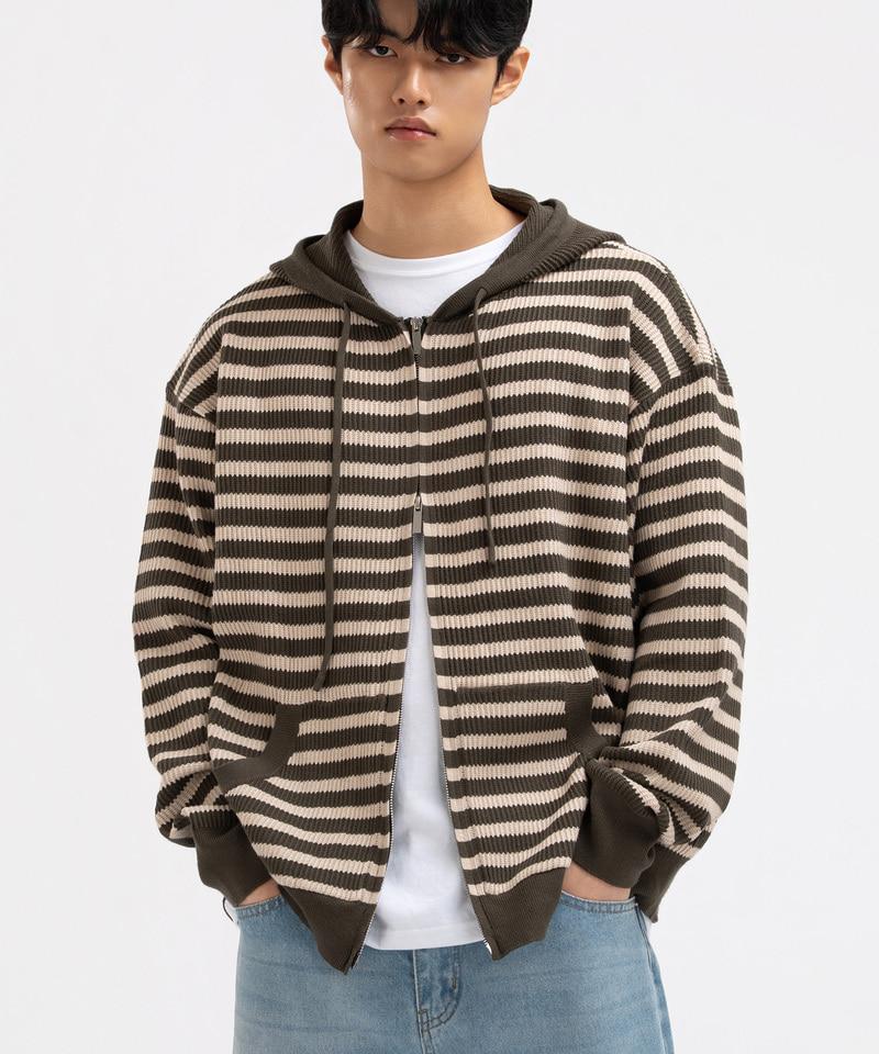 UNDEROFF Wavy Stripe Knit Zip-Up Hoodie Khaki