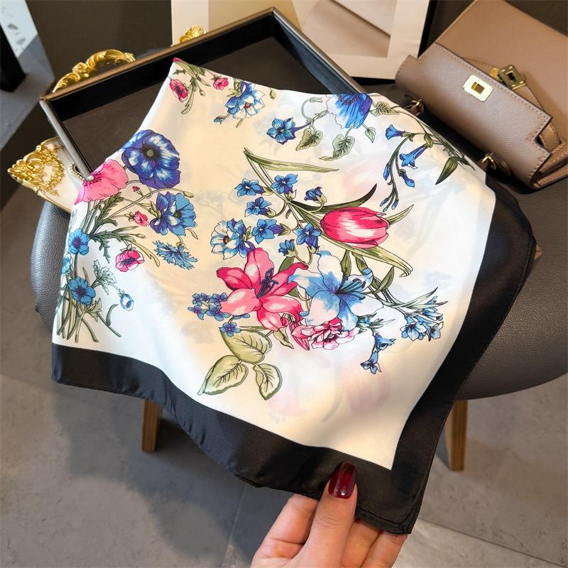 New version of plant and flower 71cm small square scarf simulated silk scarf headscarf printed neck protection scarf professional scarf scarf scarf