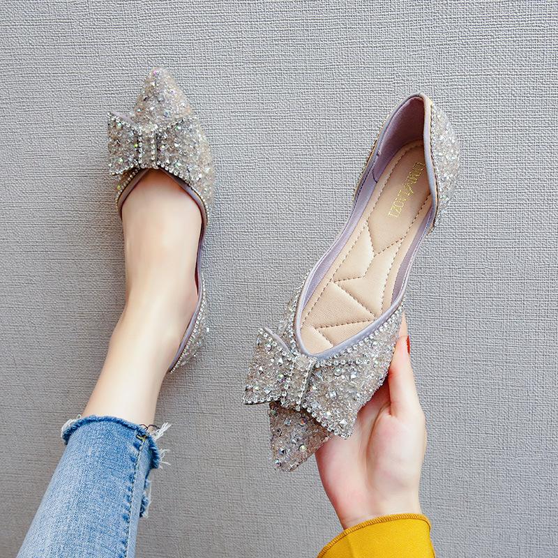 Pointed flat wedding shoes bridesmaids pearl rhinestone high heels shallow single shoes one pedal Doudou shoes rhinestone decoration