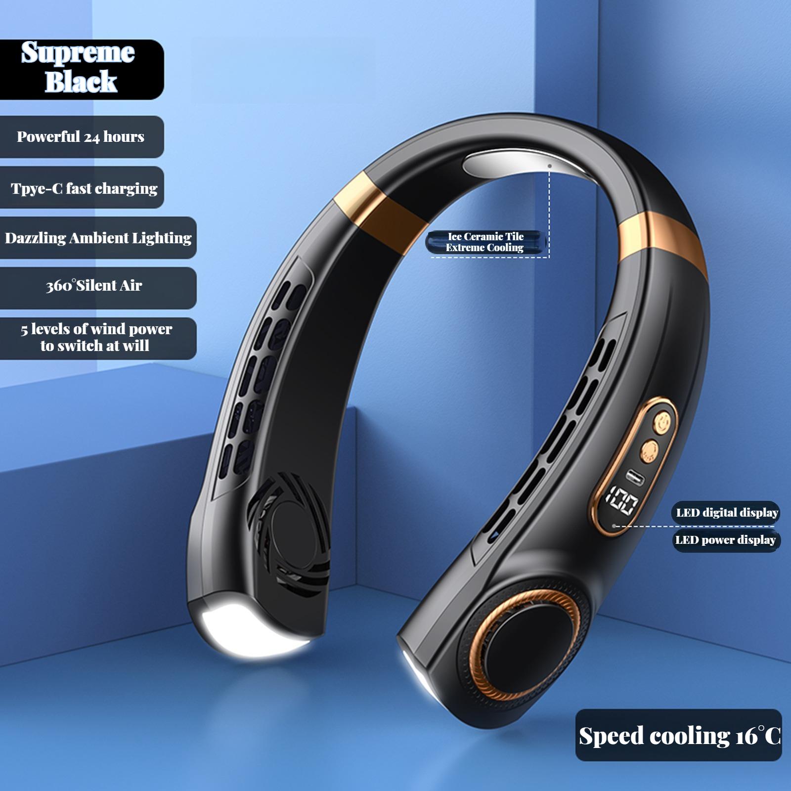 

Portable Ice-Cooling Fan with LED Light, Silent Bladeless Halterneck Design for Personal Cooling and Outdoor Comfort чёрный