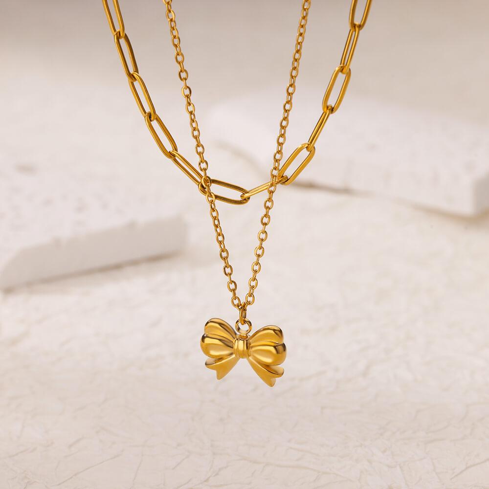 Stainless Steel Bowknot Pendant Necklace For Women Fashion Gold Color Clavicle Chain Bow Tie Necklaces Party Birthday Jewelry