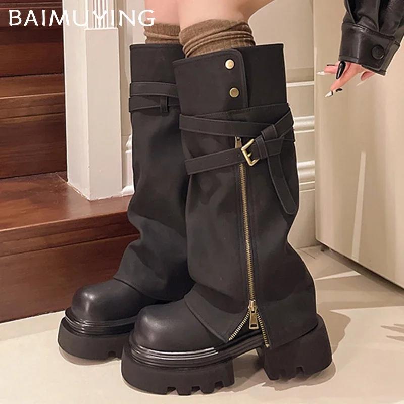 Platform Women High Boots High Heels Chunky Fashion Leather Shoes Woman 2025 Trend Winter Elegant Sexy Femme Motorcycle Boots
