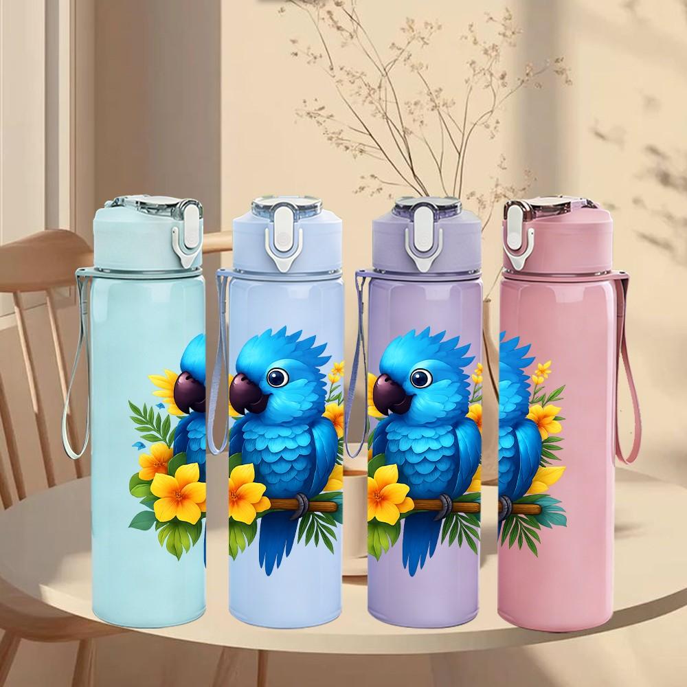 1PC Blue Parrot Flower 750ml Color Plastic Sports Water Bottle Leakproof Flip Straw Lid Suitable for Sports Office Home Use