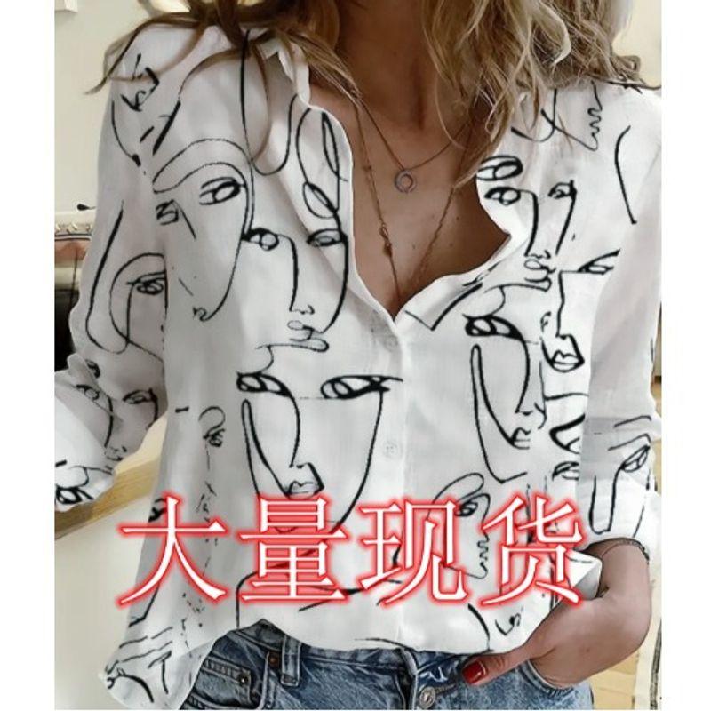 Fashion Style Spring & Fall New Arrival Single-Breasted Figure Print White Temperament Commute Ol Fashion Long Sleeve Shirt Top Female