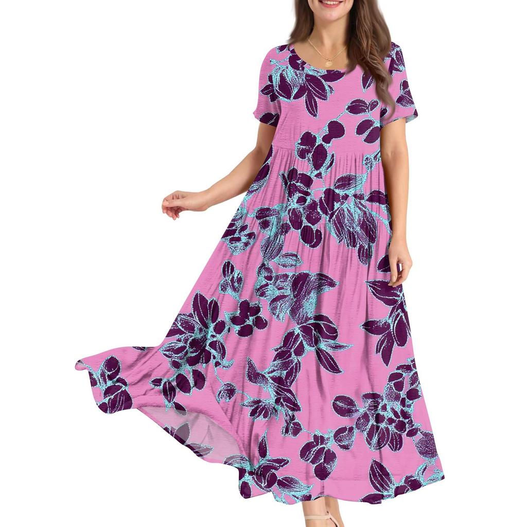 Damen Sommer Rundhals Kurzarm Geblümtes Boho Lockeres Kleid