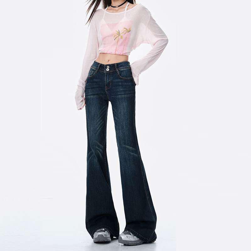 

Plus Size Women s Micro-Flare Jeans - Autumn/Winter Retro Wide-Leg Casual Pants 3XL темно-синий