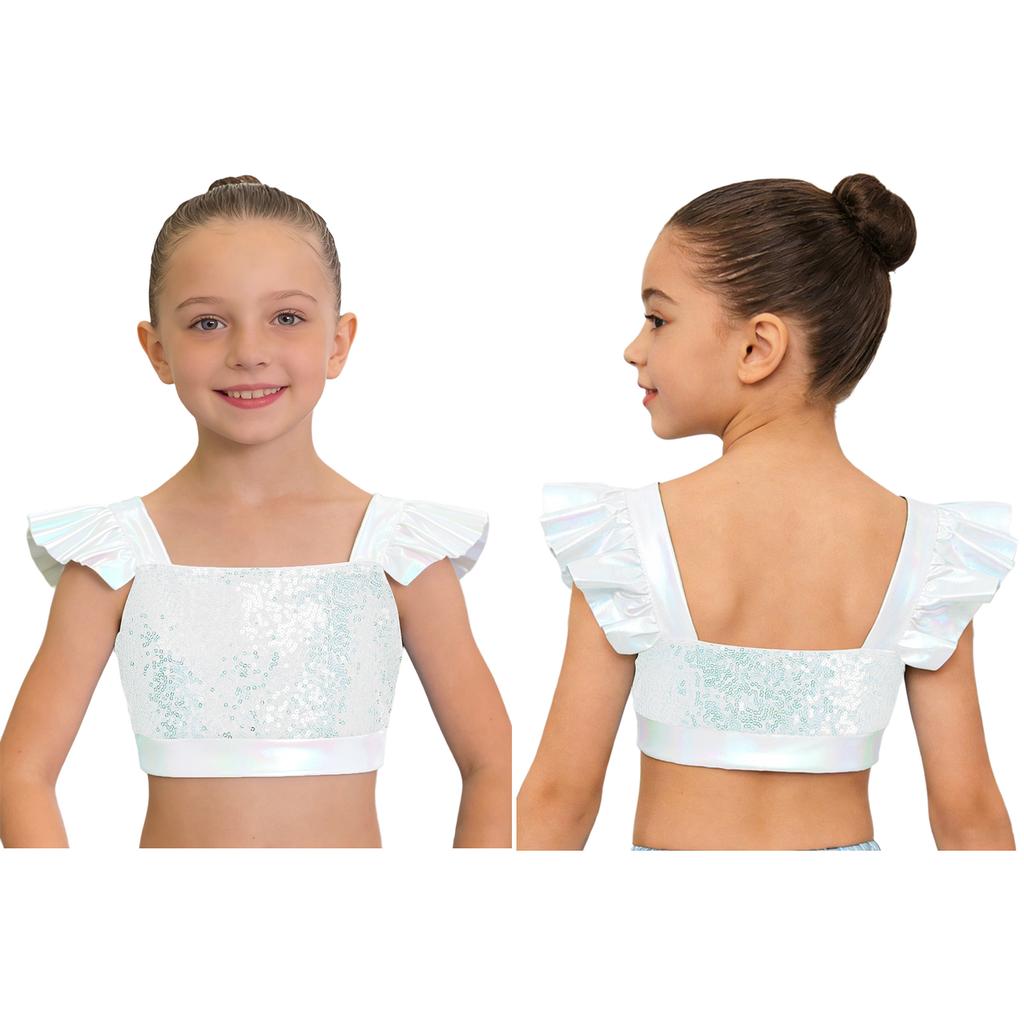 Dětské dívčí topy na jazzový tanec Čtvercový výstřih Volánkové rukávy Třpytivý flitrovaný metalický crop top