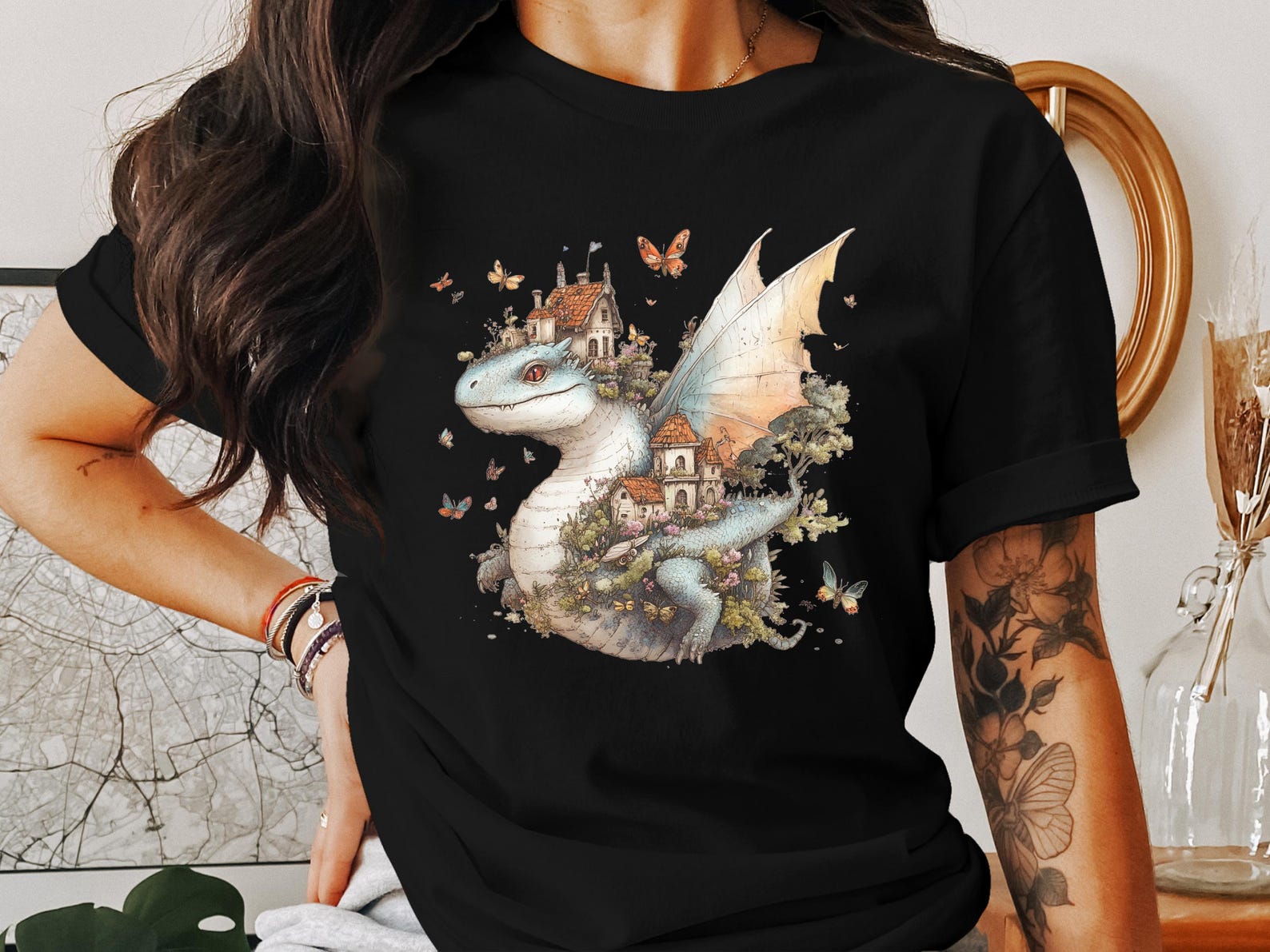 Whimsical dragon cottagecore, butterfly fairy tale shirt, fantasy creature art t-shirt, magical dragon tee, unique cottagecore style XL