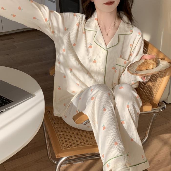 Women's 2024 Spring Polka Dot Pajama Set - Long Sleeve Cardigan and Pants In Casual Wrinkled Fabric
