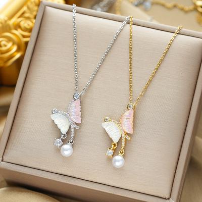 Light Luxury Asymmetric Butterfly Tassel Pearl Necklace for Women's Fashion New Collarbone Chain