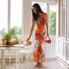 VEZFAA Women's Fashion Summer Spring Flower Pattern Print Sleeveless V-Neck High Waist Casual Dresses