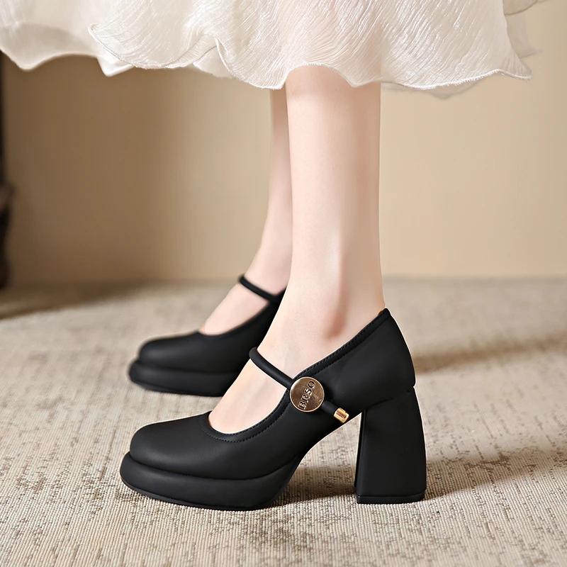 Fashion 2025 Leather 8cm High Heels Mary Janes Round Toe Platform Women Shoes Elegant Pumps Plus Size 43 Tacones Para Mujer