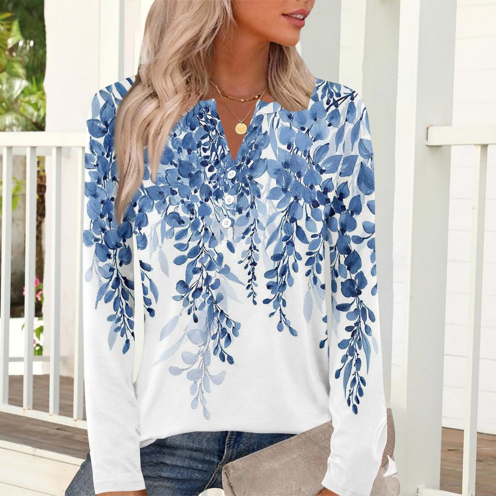 Damen Casual Mode T-Shirt, Vintage Blumendruck, Rundhalsausschnitt, Langarm-Oberteil.
