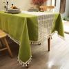 Mantel de Algodón Lino Patchwork Encaje Ganchillo Calado Francés Cuadros Mantel para Mesa de Té Decorativo Borla Verde Cubierta de Mesa