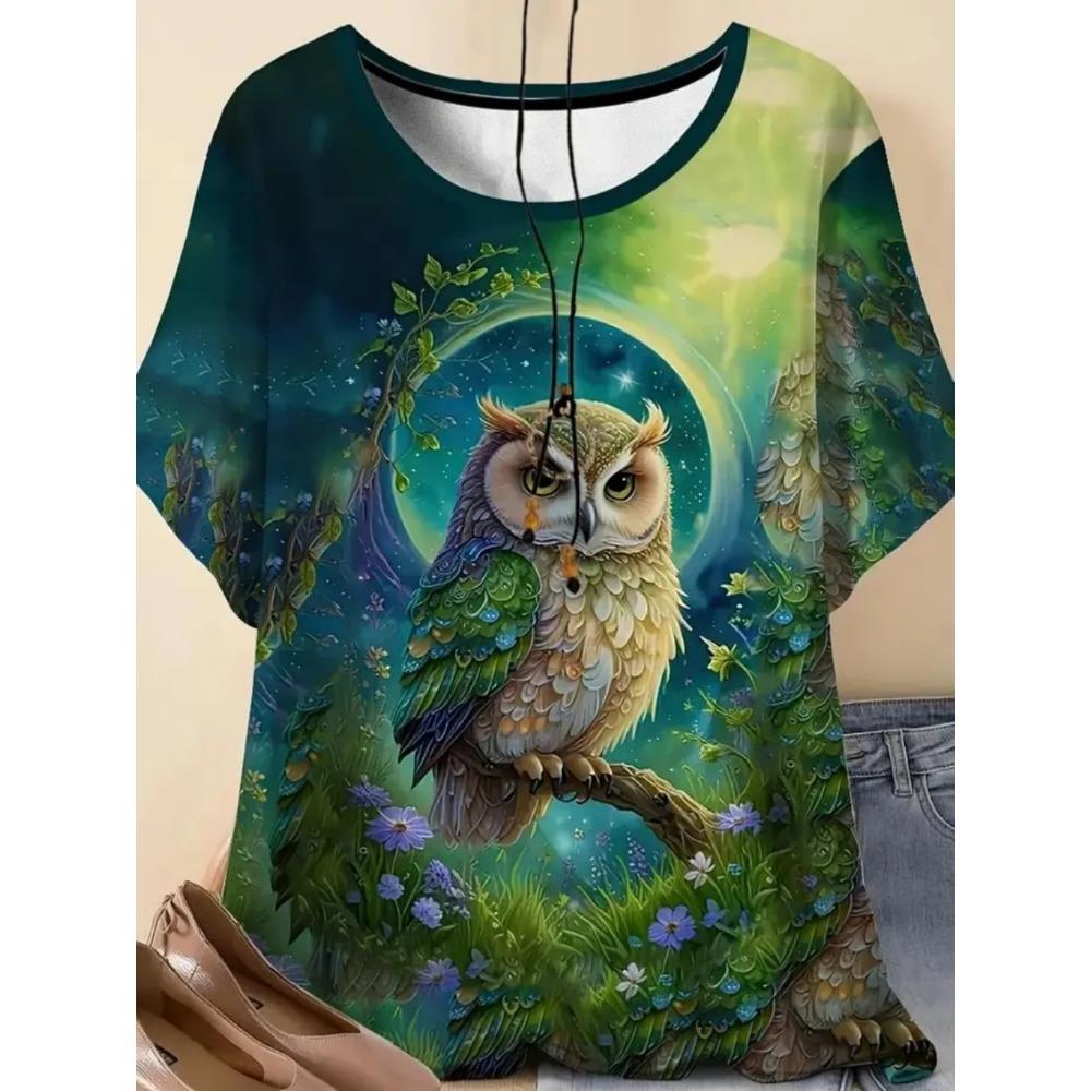 Ladies Fashionable Comfortable Printed Animal T-shirt Interesting Animal Owl Bird Patterns Loose Breathable Large Size Short Sleeved T-shirt